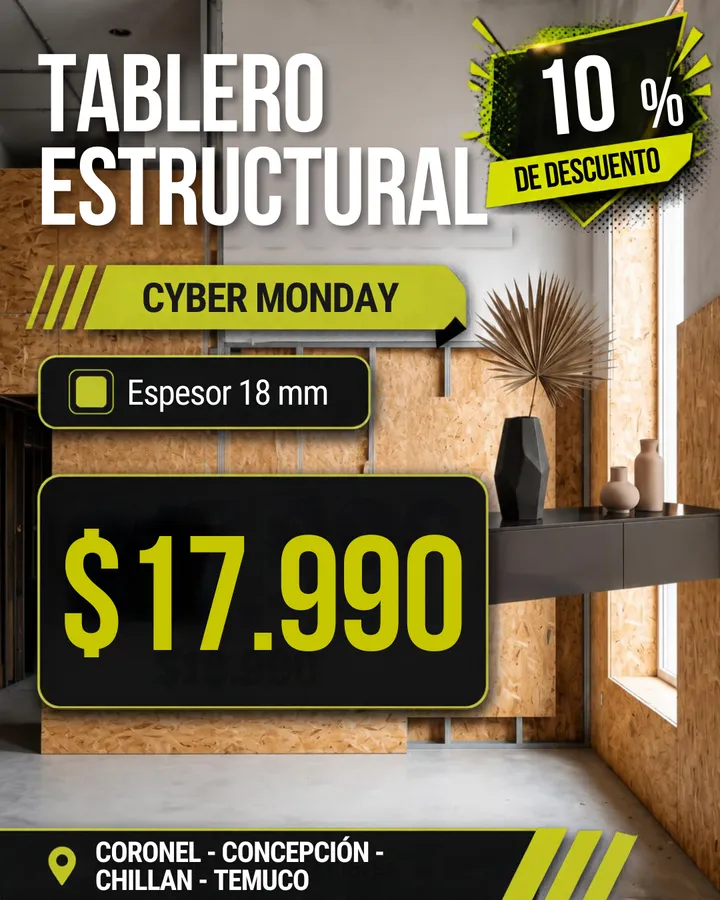 Afiche Cyber Monday MF: Plancha OSB 9 mm y tablero estructural 18 mm
