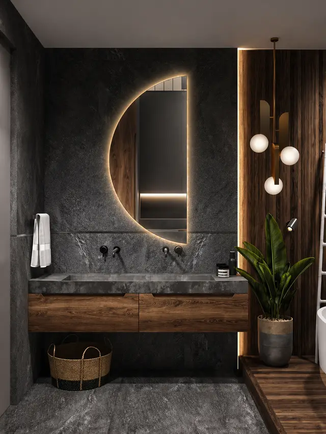 Espejo LED MF-Y24 para baño, MF Design — Espejo decorativo con diseño medio circular y luz LED perimetral integrada