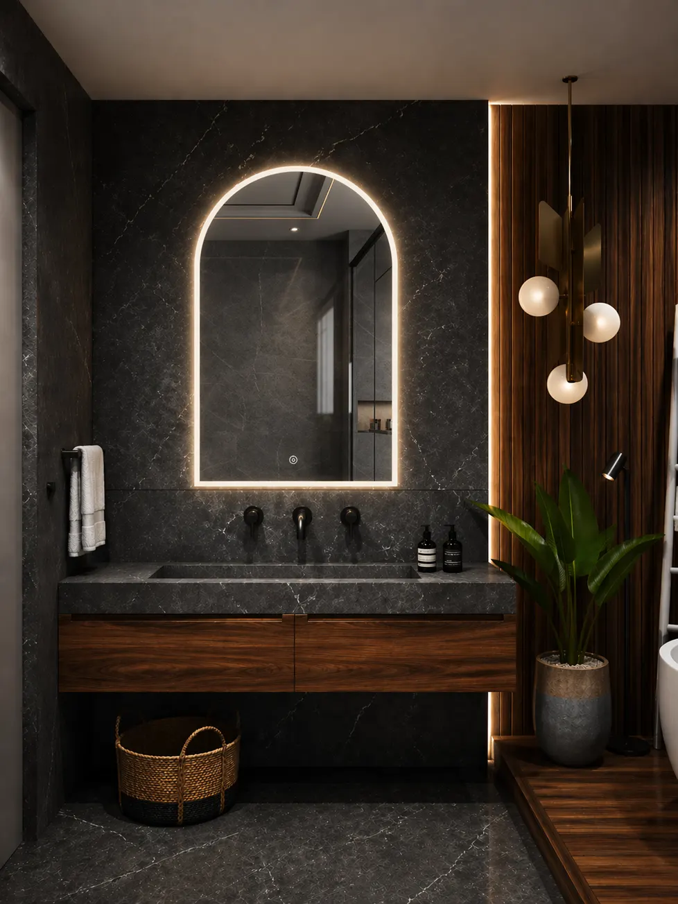 Espejo LED MF-Z12 para baño, MF Design — Espejo arqueado con iluminación LED suave y diseño moderno