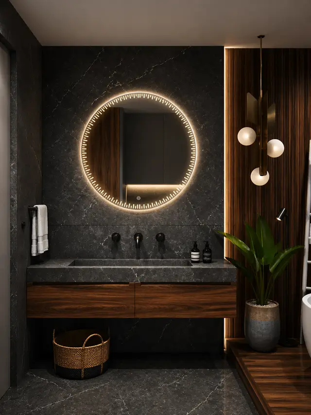 Espejo LED MF-Z15 para baño, MF Design — Espejo circular minimalista con iluminación LED perimetral