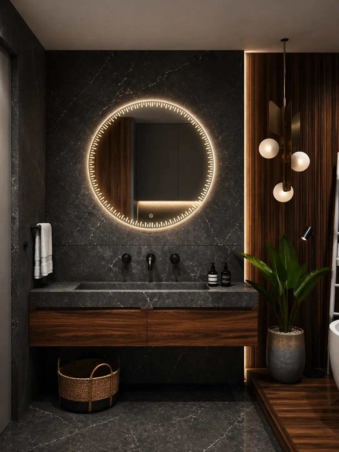 Espejo LED MF-Z15 para baño, MF Design — Espejo circular minimalista con iluminación LED perimetral