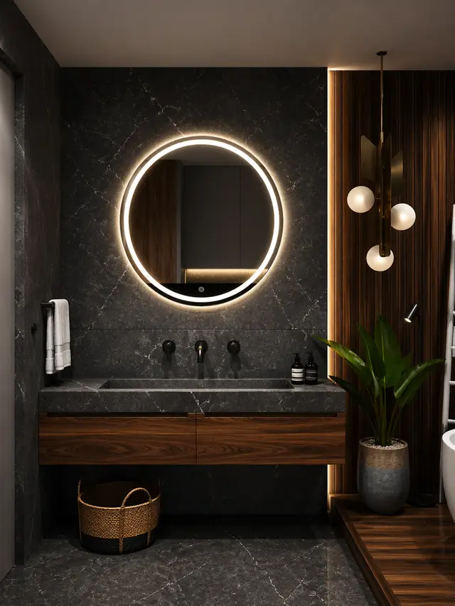 Espejo LED MF-Z5 para baño, MF Design — Espejo circular minimalista con iluminación LED perimetral
