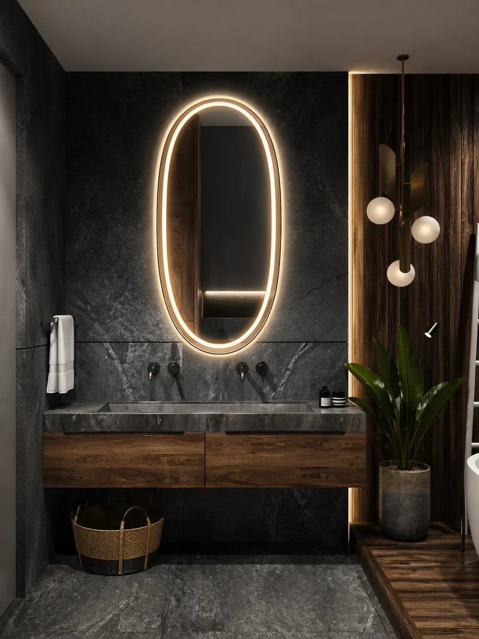 Espejo LED MF-Z9 para baño, MF Design — Espejo ovalado con luz cálida integrada, sofisticado y contemporáneo.