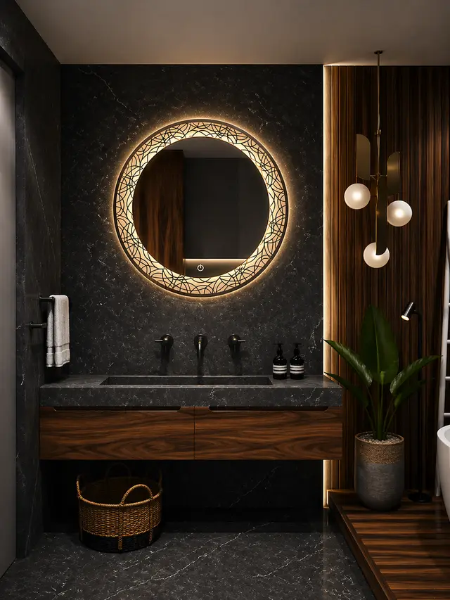 Espejo LED MF-ZL101 para baño, MF Design — Espejo circular minimalista con diseño orgánico e iluminación cálida LED