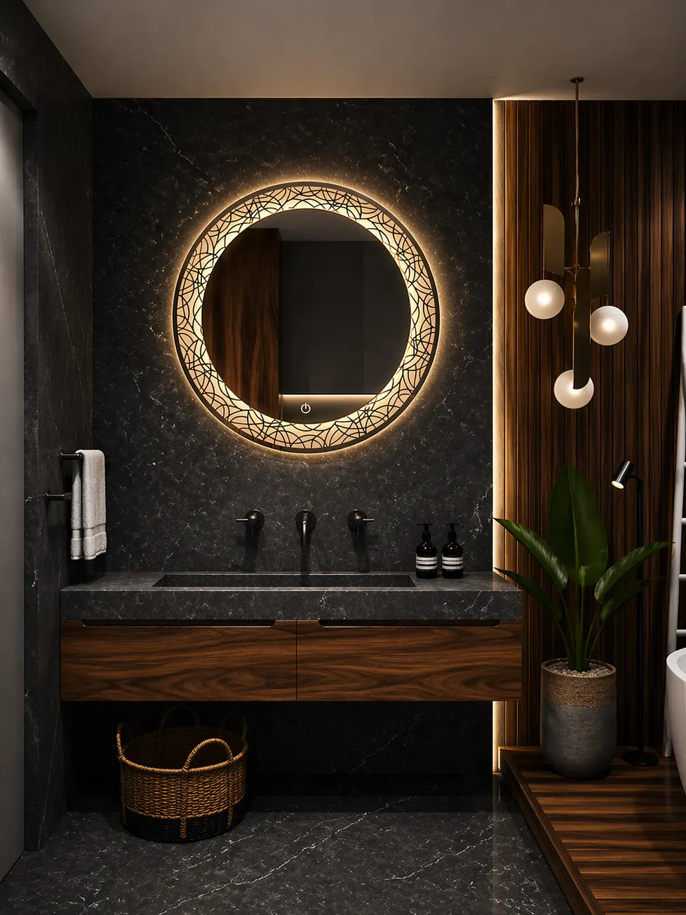 Espejo LED MF-ZL101 para baño, MF Design — Espejo circular minimalista con diseño orgánico e iluminación cálida LED