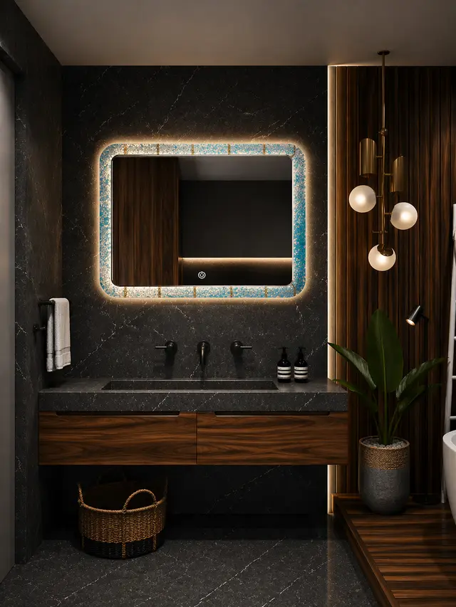 Espejo LED MF-ZL111 para baño, MF Design — Espejo rectangular con bordes redondeados y luz LED decorativa