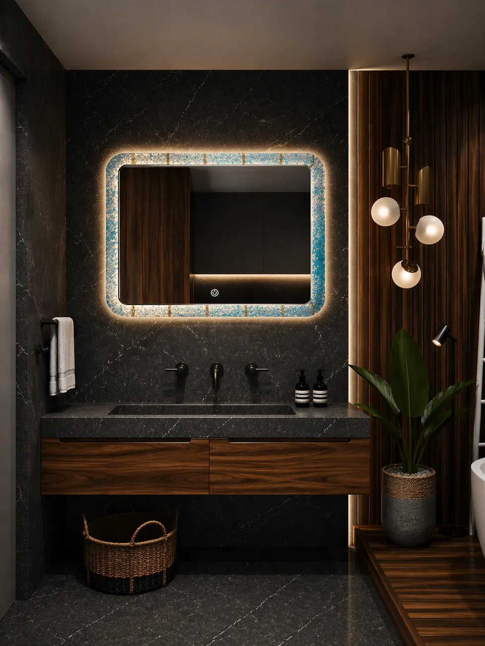Espejo LED MF-ZL111 para baño, MF Design — Espejo rectangular con bordes redondeados y luz LED decorativa