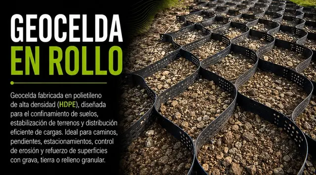 Geocelda HDPE instalada en un acceso en pendiente, rellena con grava — MF Design