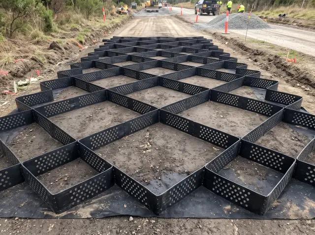 Geocelda HDPE de celdas de 60 x 60 cm desplegada sobre geotextil en la base de un camino en obra — MF Design