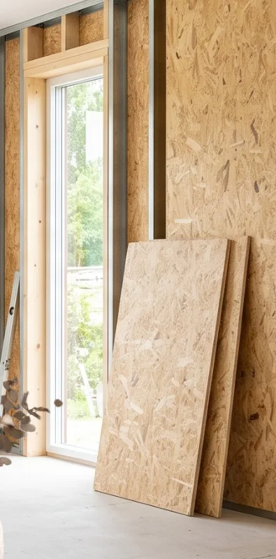 Planchas OSB de 9 mm apoyadas en un muro en construcción — MF Design