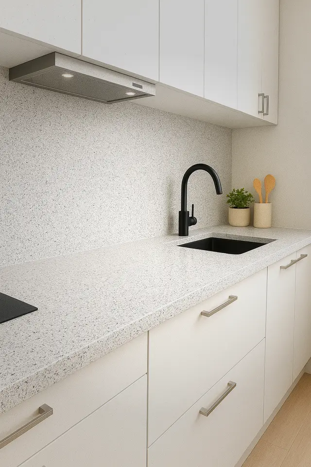 Cuarzo Sintetizado MF-MB001 para encimera cocina y baño, MF Design — Cubierta de cuarzo sintetizado tipo blanco grano fino con detalles grises uniformes