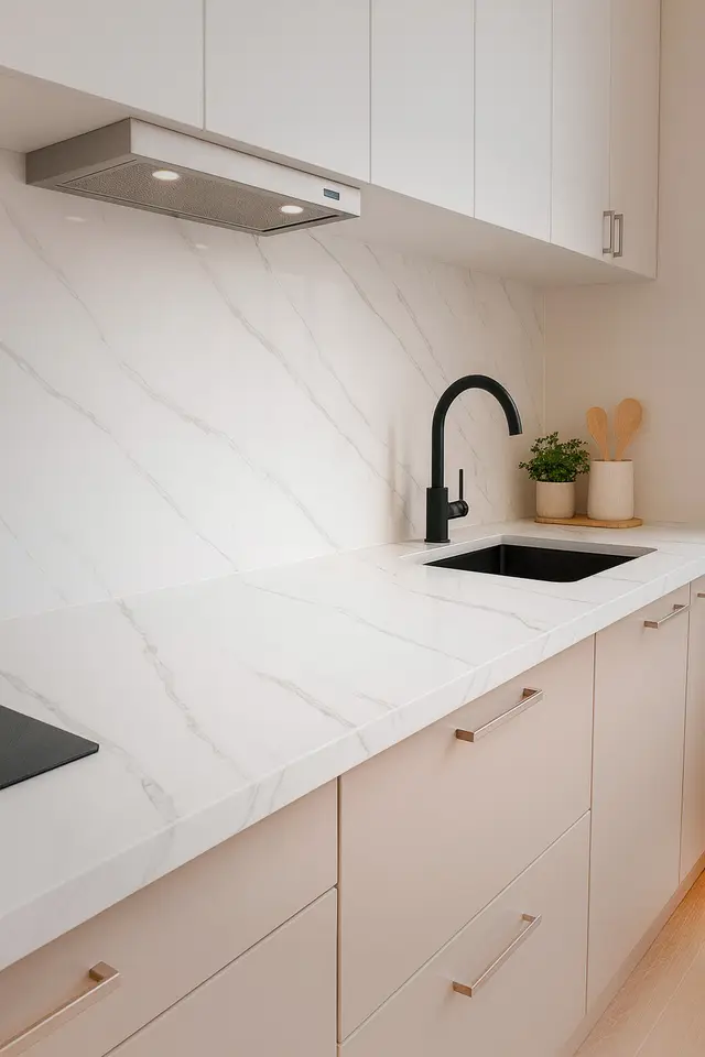 Cuarzo Sintetizado MF-MB002 para encimera cocina y baño, MF Design — Cubierta de cuarzo en tono blanco suave con sutiles vetas tipo mármol grises