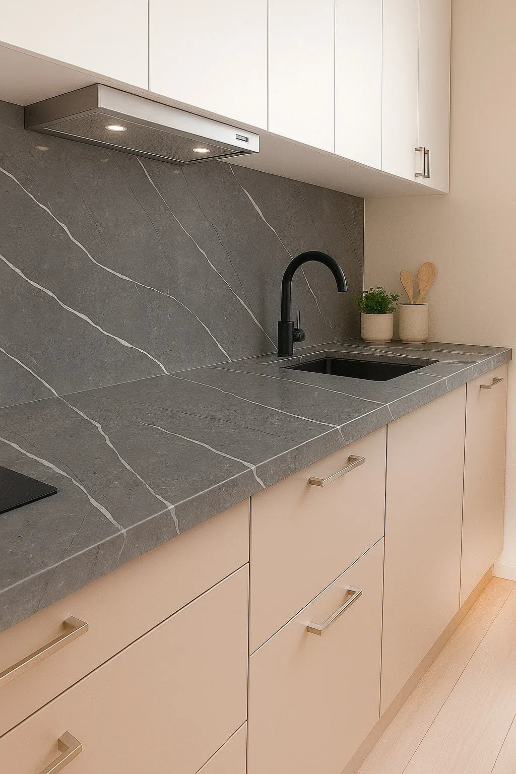 Cuarzo Sintetizado MF-MB003 para encimera cocina y baño, MF Design — Cubierta de cuarzo en tono gris oscuro con vetas blancas marcadas