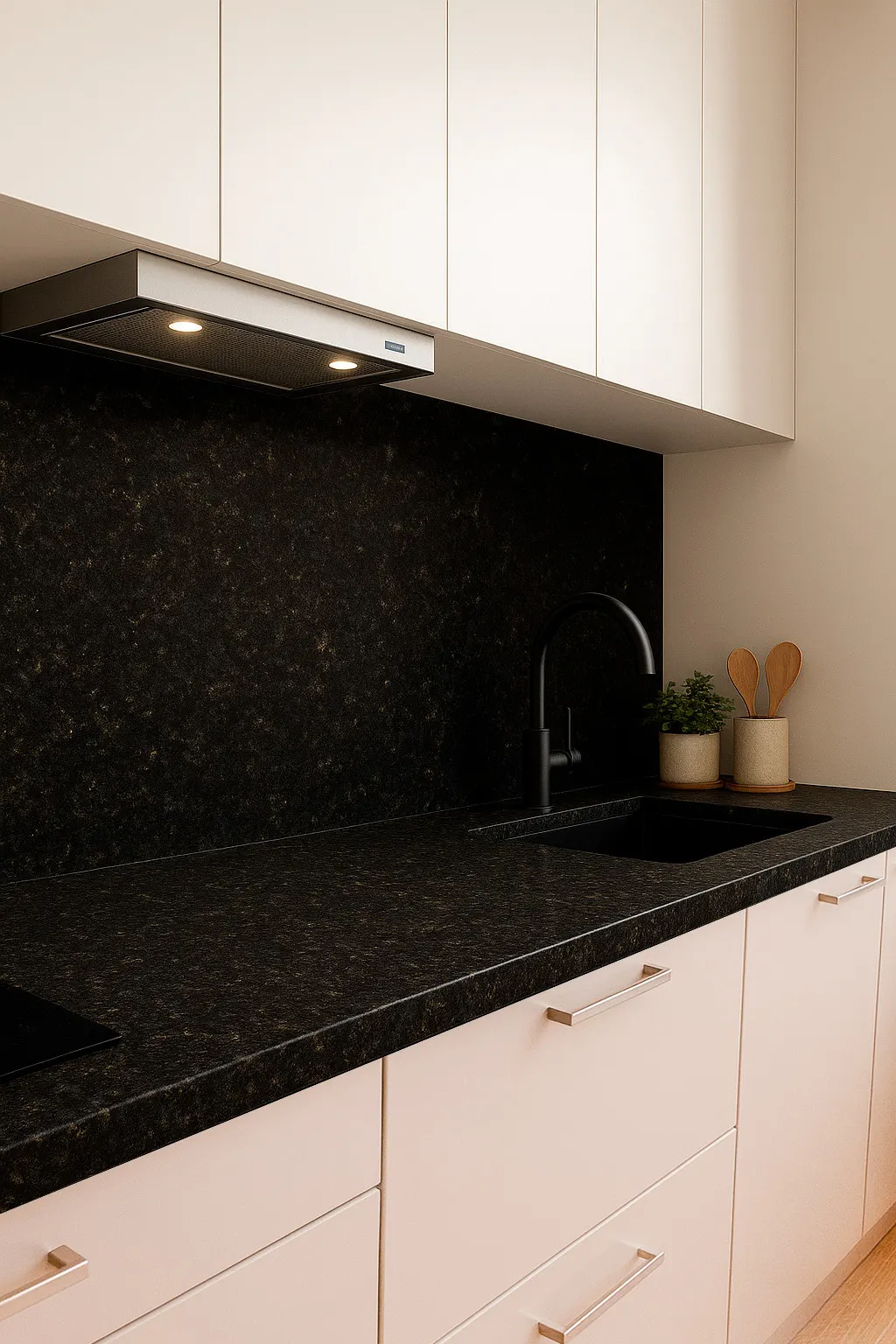 Cuarzo Sintetizado MF-MB004 para encimera cocina y baño, MF Design — Cubierta de cuarzo en tono negro profundo con sutiles destellos minerales