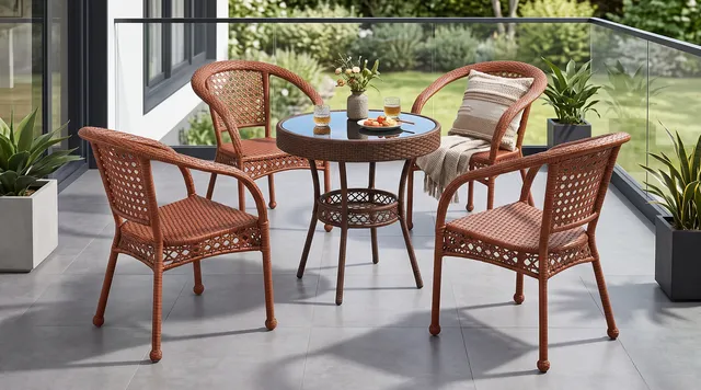 Juego de terraza mesa redonda color terracota en ratán sintético, MF Design