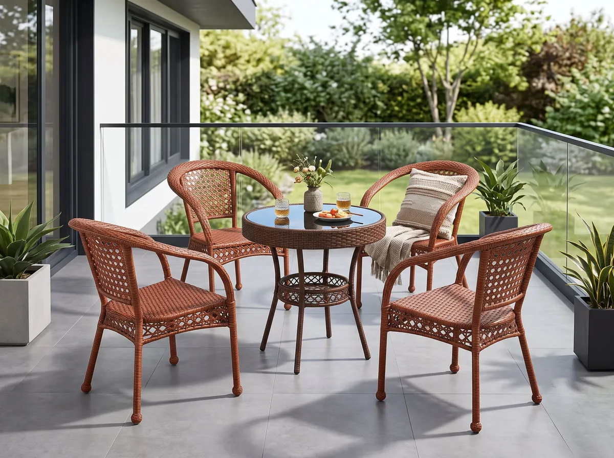 Juego de terraza mesa redonda color terracota en ratán sintético, MF Design