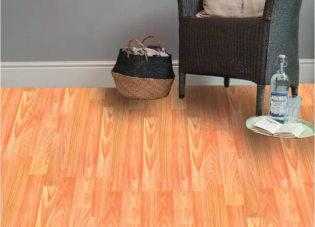 Piso MDF MF-7013 para interior seco, MF Design — Piso MDF con lámina de impresión digital color caoba claro estilo madera con acabado cálido y elegante.
