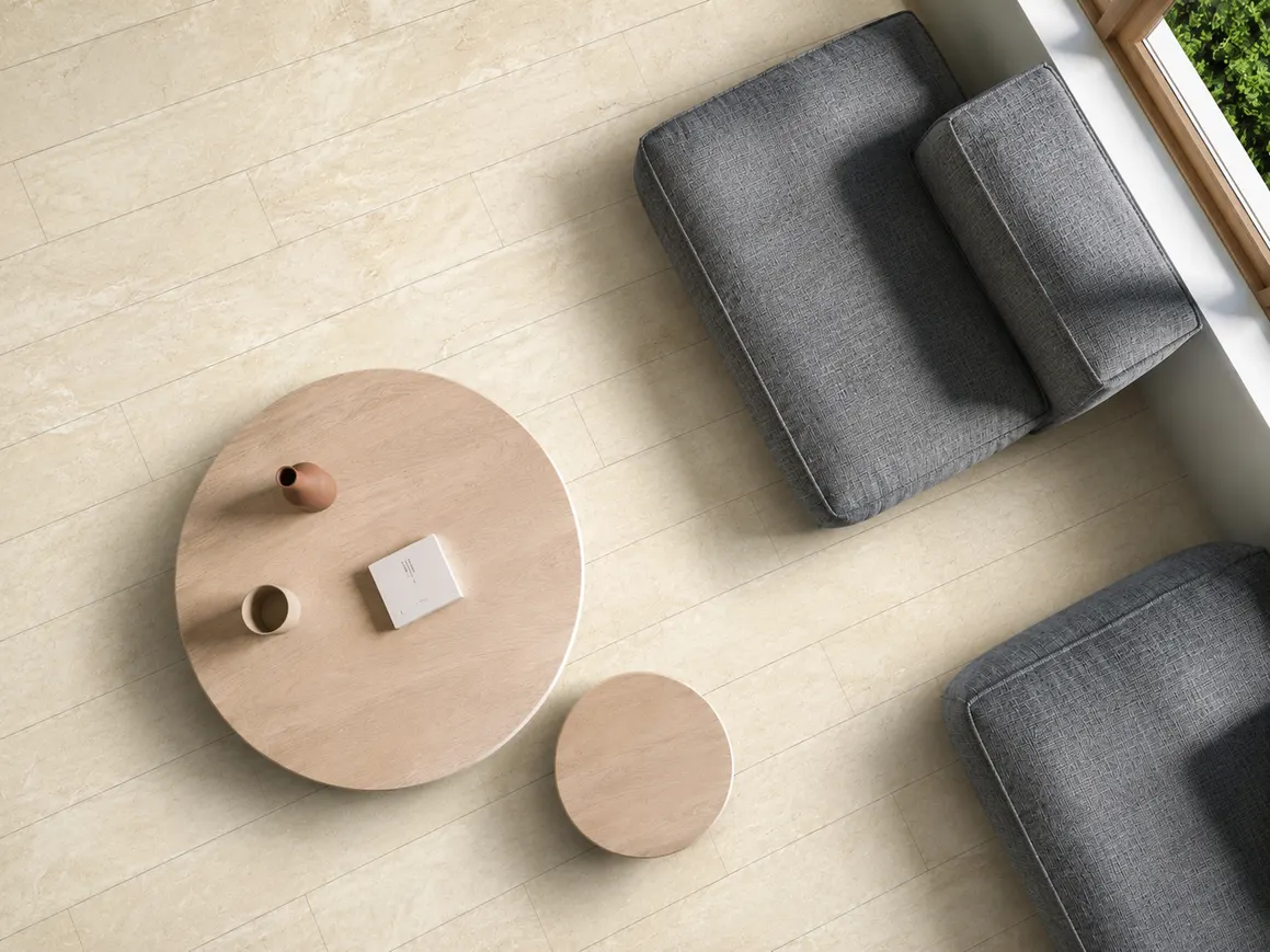 Piso SPC MF-09 para interior, MF Design — Piso SPC con lámina de impresión digital color beige con sutiles vetas estilo mármol