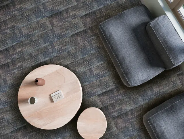 Piso SPC MF-24 para interior, MF Design — Piso SPC con lámina de impresión digital tipo tejido alfombra en tono gris y azul
