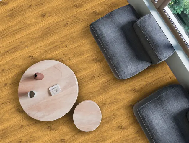Piso SPC MF-26 para interior, MF Design — Piso SPC con lámina de impresión digital color cafe miel con diseño tipo madera