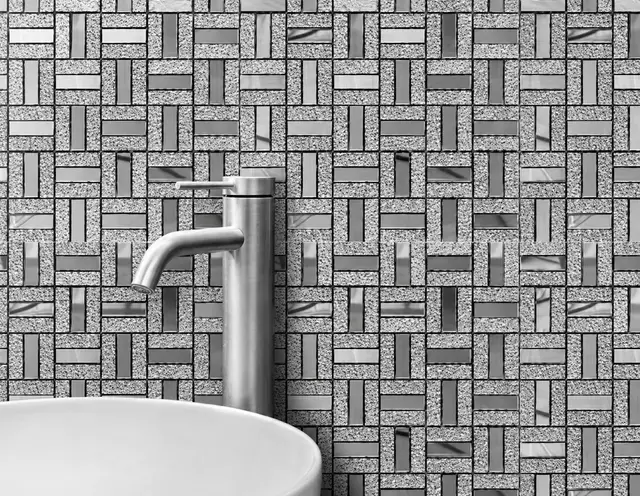 Mosaico para piso y muro, interior/exterior, MF Design — MOSAICOS SILVER Mosaico gris y plateado con espejos en diseño geométrico entrelazado Incluye soporte tipo…