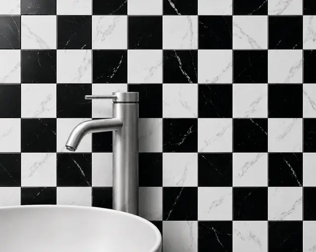 Mosaico para piso y muro, interior/exterior, MF Design — MOSAICOS VIDRIO AJEDREZ Mosaico estilo ajedrez en blanco y negro con delicado efecto marmoleado Incluye…