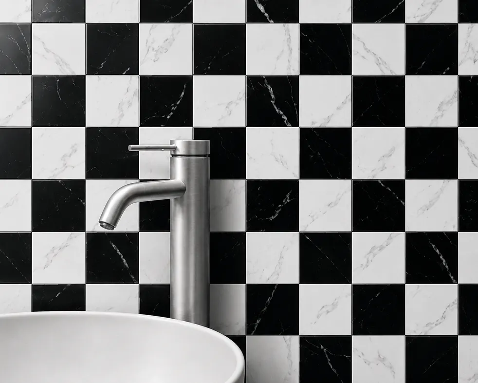 Mosaico para piso y muro, interior/exterior, MF Design — MOSAICOS VIDRIO AJEDREZ Mosaico estilo ajedrez en blanco y negro con delicado efecto marmoleado Incluye…