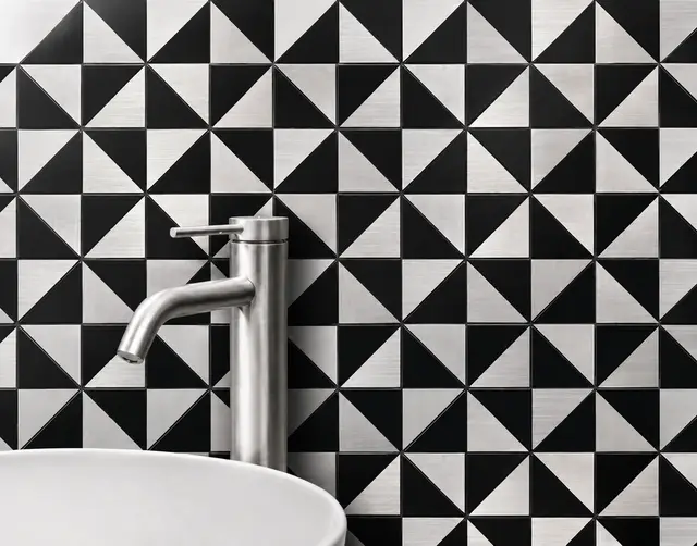 Mosaico MF-12185 para piso y muro, interior/exterior, MF Design — Mosaico con diseño geométrico de triángulo sen todos negro y metálico Incluye soporte tipo malla