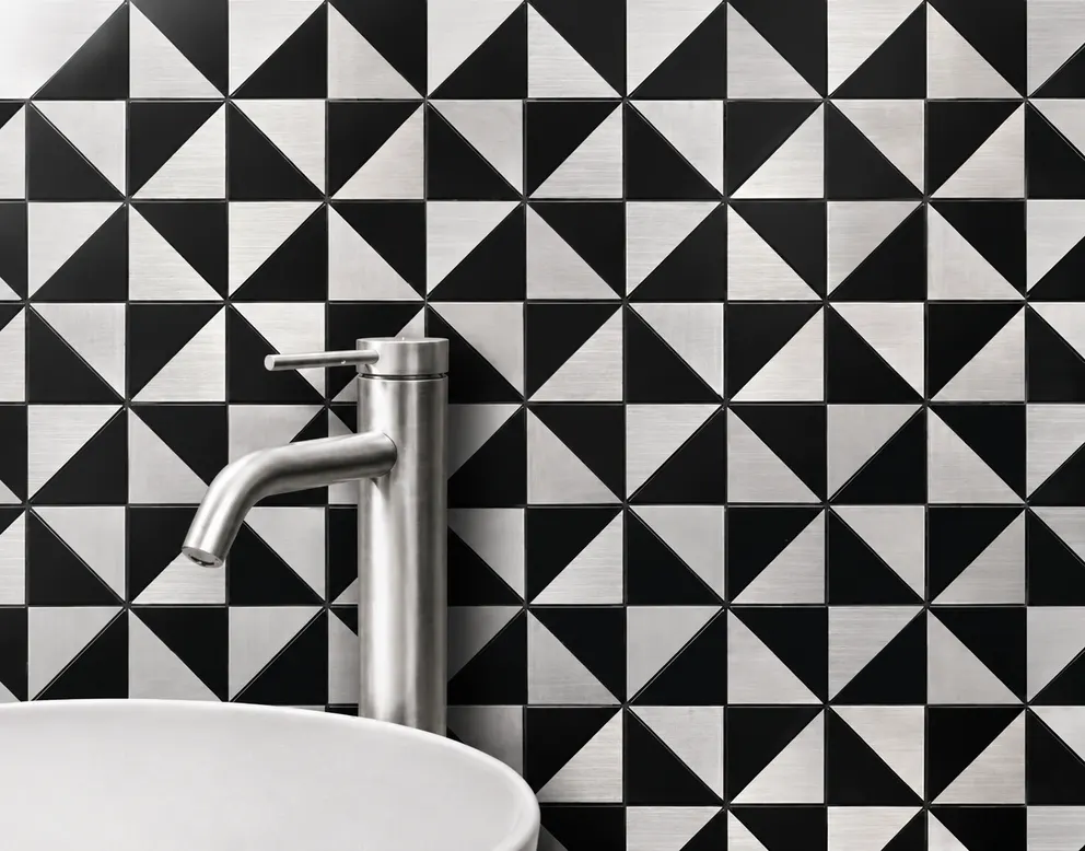 Mosaico MF-12185 para piso y muro, interior/exterior, MF Design — Mosaico con diseño geométrico de triángulo sen todos negro y metálico Incluye soporte tipo malla