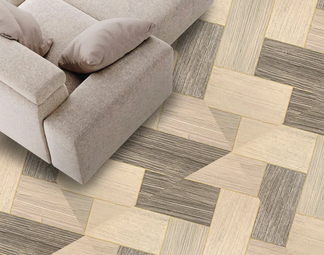 Porcelanato MF-6802026 para piso y muro, interior/exterior, MF Design — Porcelanato geométrico en acabado cálido con patrones en contraste