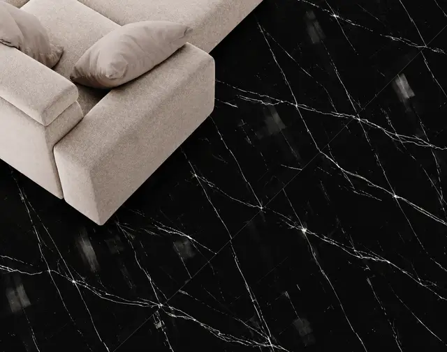 Porcelanato MF-6D1202 para piso y muro, interior/exterior, MF Design — Porcelanato negro con vetas blancas, elegante y moderno