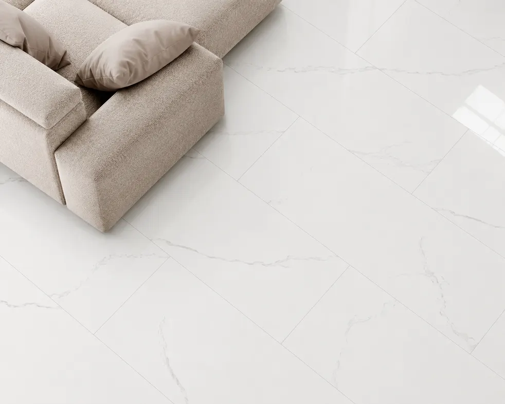 Porcelanato MF-MT12201 para piso y muro, interior/exterior, MF Design — Porcelanato blanco tipo mármol, con vetas grises y acabado moderno