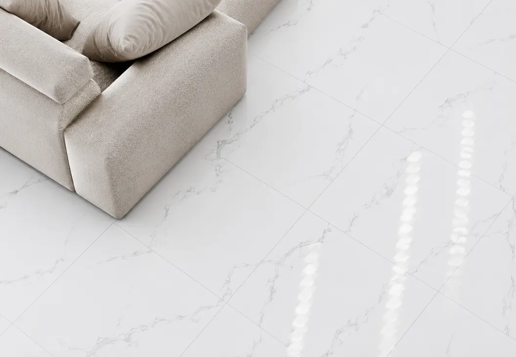 Porcelanato MF-MX66001 para piso y muro, interior/exterior, MF Design — Porcelanato color blanco tipo mármol con sutil y ligera veta en color gris