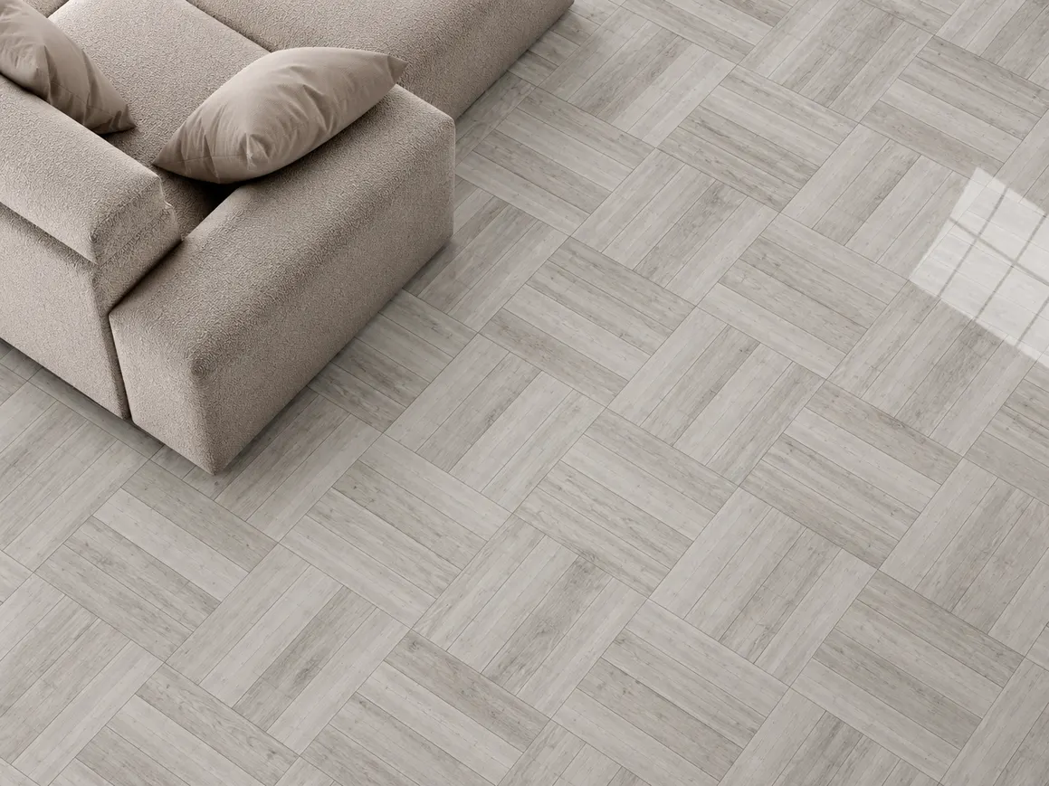 Porcelanato MF-MX66206 para piso y muro, interior/exterior, MF Design — Porcelanato que simula madera en tono gris con vetas marcadas