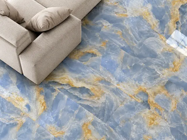 Porcelanato MF-RBK7937A para piso y muro, interior/exterior, MF Design — Porcelanato celeste tipo marmol en tono frio con vetas doradas
