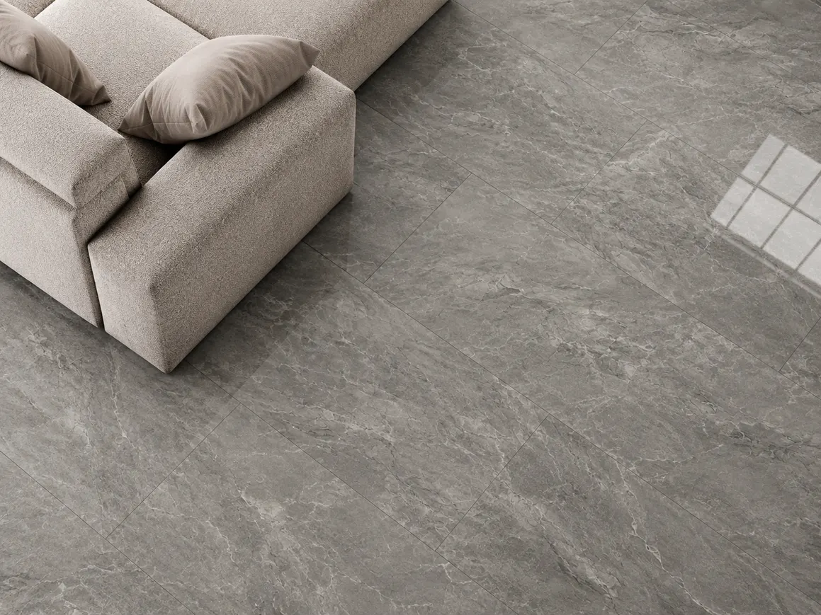 Porcelanato MF-XF612006 para piso y muro, interior/exterior, MF Design — Porcelanato gris tipo mármol con ligeras vetas en color blanco