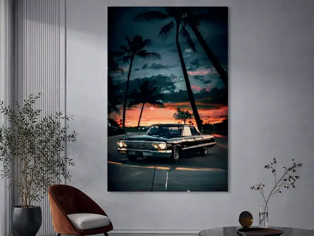 Imagen 3D palmeras al atardecer para interior y exterior protegido, MF Design