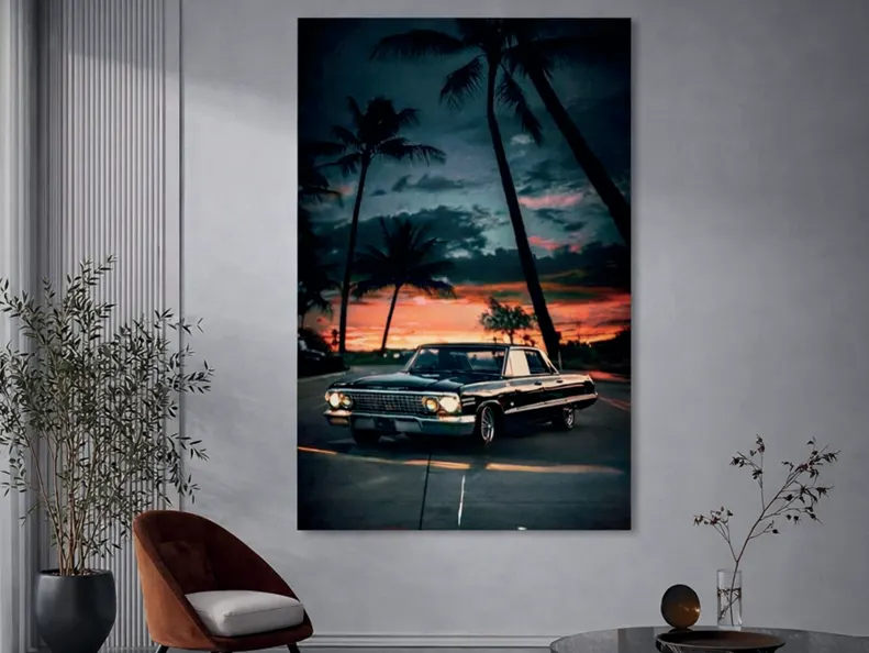 Imagen 3D palmeras al atardecer para interior y exterior protegido, MF Design