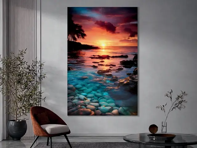 Imagen 3D atardecer en la playa para interior y exterior protegido, MF Design