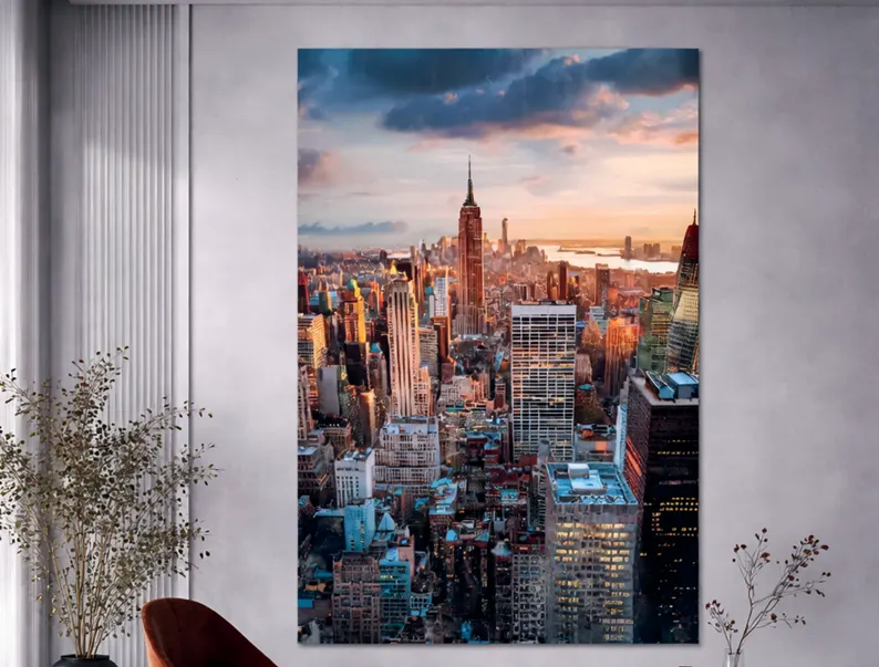 Imagen 3D skyline al atardecer para interior y exterior protegido, MF Design