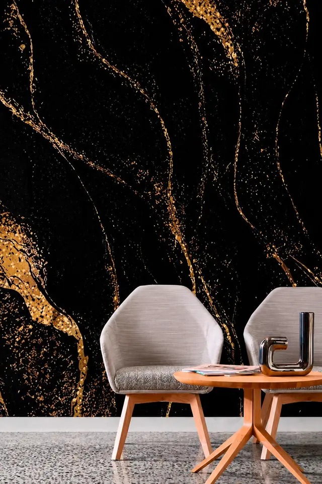 Lámina PVC MF-24388 para interior y exterior protegido, MF Design — Lámina de PVC imitación mármol, diseño en dorado y fondo oscuro, ideal para un toque elegante y exclusivo.