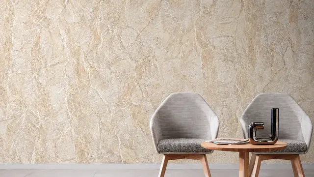 Lámina PVC MF-8232-1 para interior y exterior protegido, MF Design — Lámina de PVC imitación mármol diseño marmolizado en tonos beige, crema y vetas cálidas.
