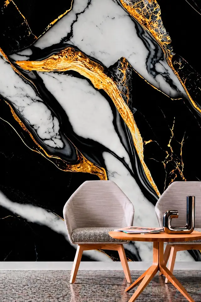 Lámina PVC MF-DY122 para interior y exterior protegido, MF Design — Lámina de PVC imitación mármol tonos negros y dorados ideal para un estilo sofisticado y contemporáneo.