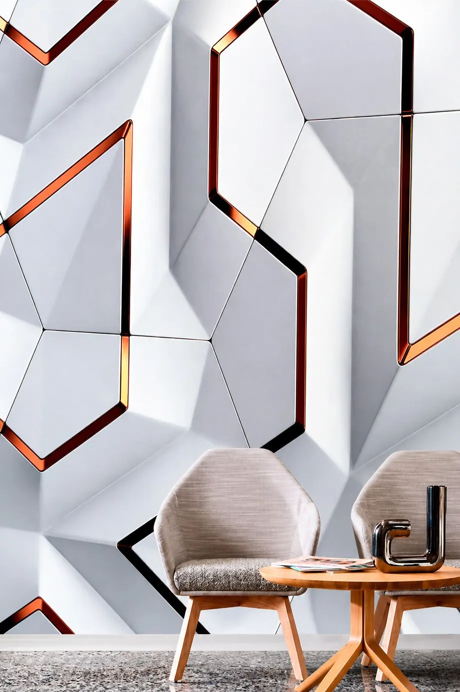Lámina PVC MF-DY141 para interior y exterior protegido, MF Design — Lámina decorativa de PVC de geométrico con formas tridimensionales y contornos color cobre.