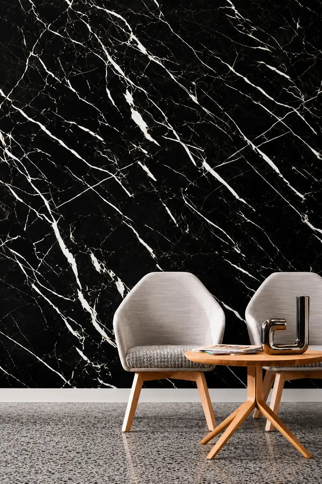 Lámina PVC MF-S1148 para interior y exterior protegido, MF Design — Lámina de PVC imitación mármol en color negro y vetas blancas
