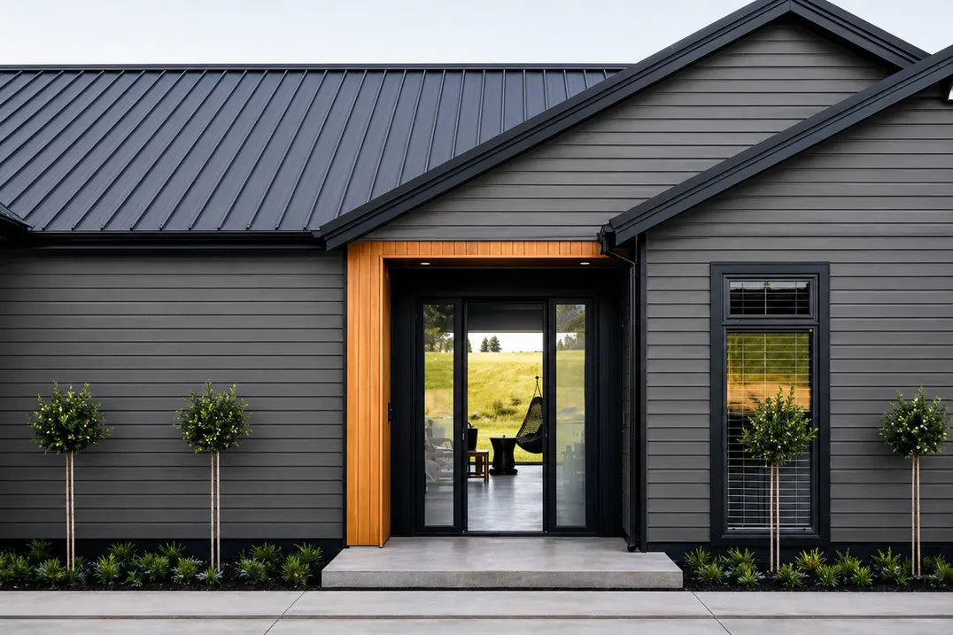 Metal Siding MF-CC5 para exterior, MF Design — Metal Siding en acabado gris.