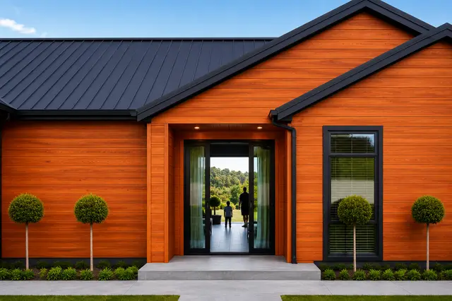 Metal Siding MF-PMSX2 para exterior, MF Design — Metal Siding en acabado madera.