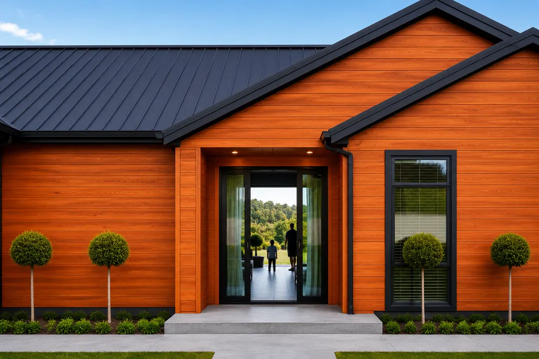 Metal Siding MF-PMSX2 para exterior, MF Design — Metal Siding en acabado madera.