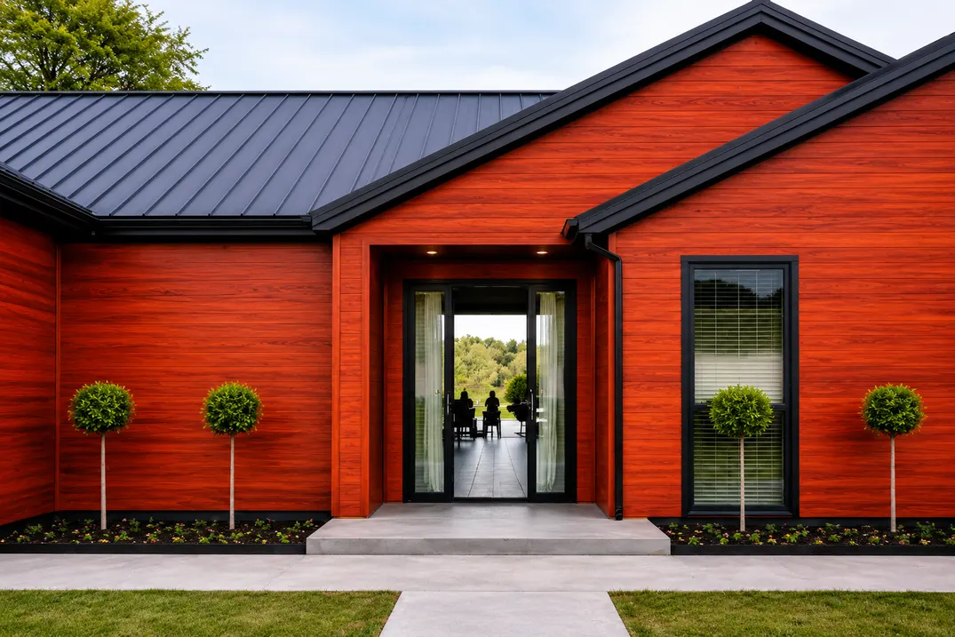 Metal Siding MF-PMSX4 para exterior, MF Design — Metal Siding en acabado madera.