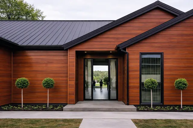 Metal Siding MF-SXG3 para exterior, MF Design — Metal Siding en acabado madera.